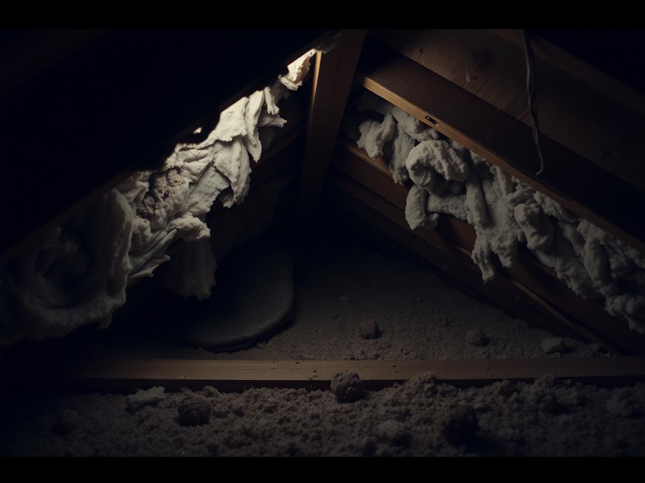 Attic with wildlife damage and torn insulation in an Ocala home