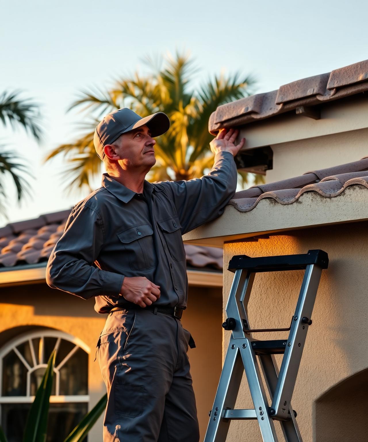 Wildlife control technician inspecting a Florida home's tile roofline for entry points